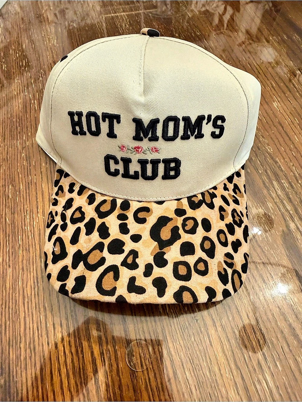 Hot Mom’s Club Leopard Print Snapback Hat Beige Black Embroidered